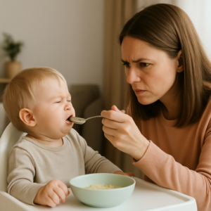 Moeder probeert met stress en lichte dwang haar jonge kind eten te geven, terwijl het kind zich afwendt en weigert te happen – een herkenbare situatie bij eetproblemen door autisme