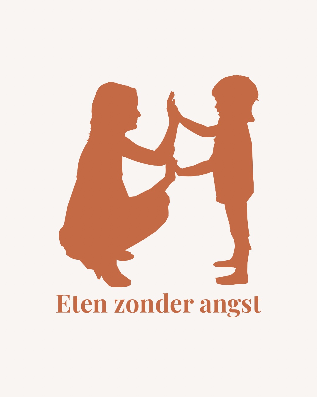 Logo, een moeder zit op haar hurken, tegenover haar staat een kind. Ze raken elkaars handen aan in de lucht.