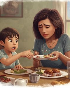 Het kind op de tekening wil niet eten van het eigen bord en krijgt een ander bord met eten aangeboden door moeder, moeder kijkt verslagen.