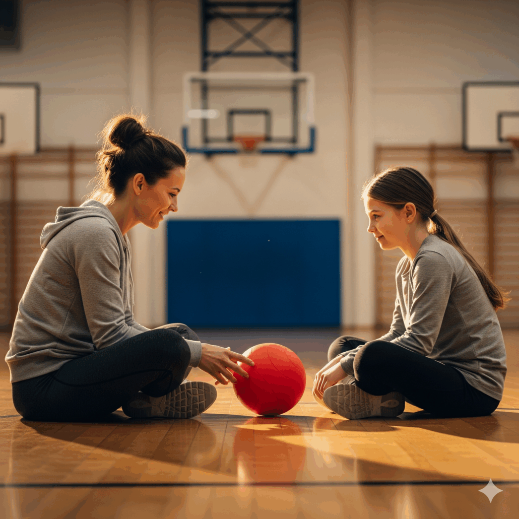 Moeder en dochter zitten tegenover elkaar op de grond in een gymzaal en rollen een bal over, symbool voor contact maken bij autisme