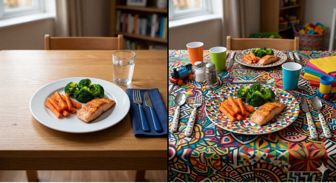 Vergelijking van een prikkelarme tafelsetting versus een visueel drukke omgeving voor kinderen met autisme en ARFID. Links een wit bord op een houten tafel met hoog contrast voor rustig eten; rechts een druk patroon op tafelkleed en bord dat zorgt voor overprikkeling tijdens de maaltijd.
